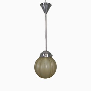 Lampe à Suspension Art Déco avec Globe Nervuré Beige, 1930s