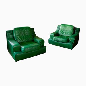 Grüne Ledersessel, Frankreich, 1980er, 2er Set