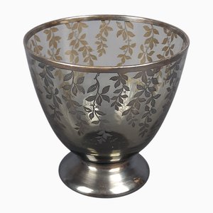 Vintage Fume Murano Glass Vase Centerpiece Cup with Silver Leaves, 1950s