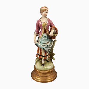 Antique Porcelain Statue of Woman with Brass Base Basket from Capodimonte, Early 1900s