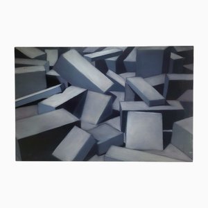 Abstract Geometric Composition, 1990s, Canvas Painting on Wooden Panel