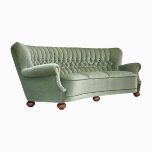 Canapé 3 Places Arrondi en Velours et Pieds en Hêtre, Danemark, 1970s