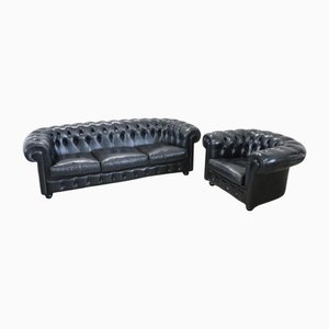 Set of Sofa and Armchair in Black Leather, 1980s