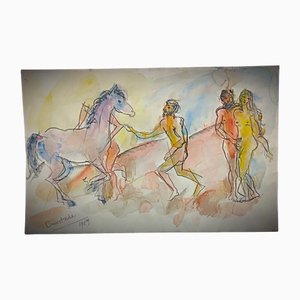 Jacques Courtade, Akt & Pferd, 1980er, Aquarellzeichnung