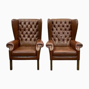 Chesterfield Wingback Armchairs in Brown Leather, 1970s, Set of 2