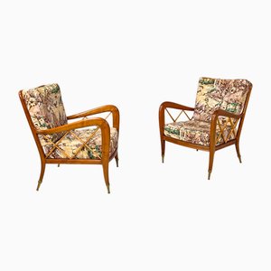 Set of Mid-Century Modern Italian Wooden Armchairs with Brown Decorated Fabric, 1960s