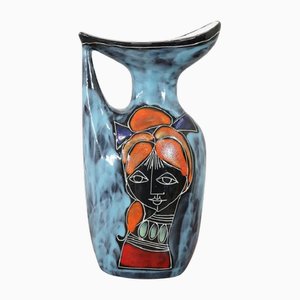 Vaso in ceramica con decoro volto di ragazza, anni '60