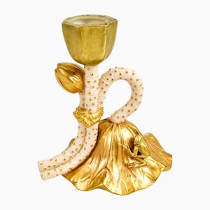 Englischer ästhetischer Kerzenhalter aus Gold Porzellan Frosch auf Seerosenblatt, 19. Jh. von Royal Worcester, 1897