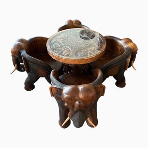 Hand-Carved Wooden Elephant Table Set, Set of 5
