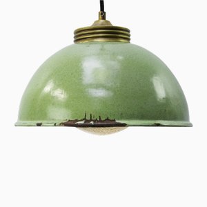 Vintage Brass and Enamel Pendant Light with Frosted Glass