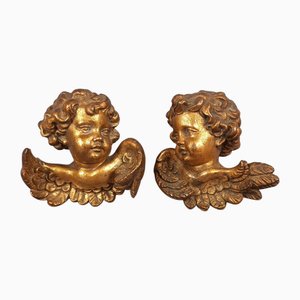 Vintage Carved Wooden Sculptures Anri Angels Golden Winged Cherubs, 1960s, Set of 2