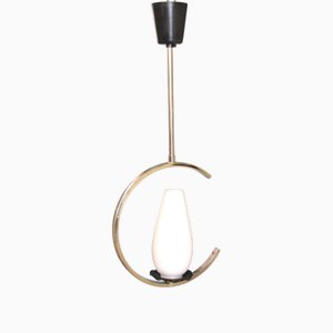Lampe à Suspension en Chrome et Verre Opalin attribuée à Arlus, 1950s