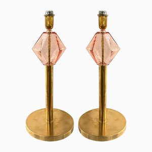 Italian Pink Murano Style Glass Table Lamps with Unlaquered Brass by Simoeng, Set of 2