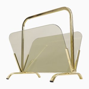Porte-Revues Vintage en Laiton et Verre Fumé, 1970s