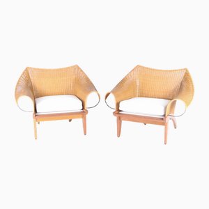 Set of Wooden and Wicker Armchairs, 1970s