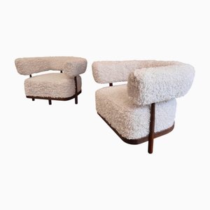 A Fabulous Italian Curved Walnut Armchairs in Lambswool Fur , 1960s, Set of 2