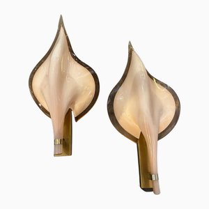 Mid-Century Modern Pink Murano Glass Leaf Wall Sconces attributed to Franco Luce, Set of 2