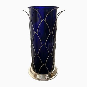 Modernist Sterling Silver and Blue Murano Glass Vase by Cleto Munari, 1980s