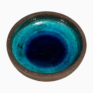 Sculptural Rustic Ceramic Art Bowl in Terracotta with Blue Glaze, Italy, 1950s