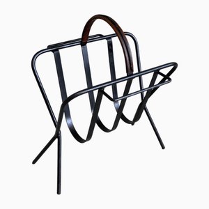 Brutalist Magazine Rack in Metal and Leather, 1960s
