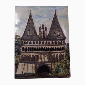 Targa da parete grande in ceramica smaltata di Holstentor di Lubecca, Germania, anni '70