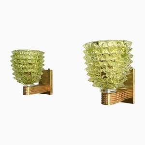Apliques de pared italianos estilo Art Déco de latón y cristal de Murano Rostrato verde de Barovier & Toso, años 90. Juego de 2