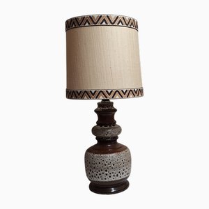 German Beige-Brown Ceramic Table Lamp with Hand-Finished Fabric Shade from Hustadt-Leuchten, 1970s