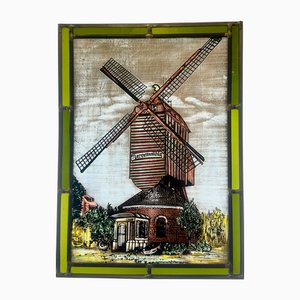 German Hand-Painted Stained Glass Hanging Window Panel with Narrenmühle, 20th Century
