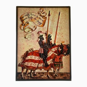 German Hand-Painted Stained Glass Hanging Window Panel with Knights with Lances, 20th Century