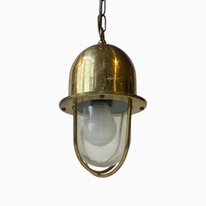 Vintage Industrial Nautical Pendant Lamp in Brass & Glass, 1970s