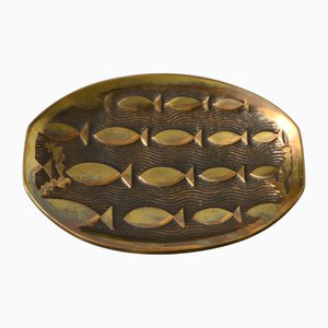 Plat Mid-Century en Bronze à Motif Poisson de Aedel Malm, Danemark, 1960s
