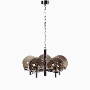 Chandelier Club Series in Smoked Glass & Chrome by Gaetano Sciolari for Sciolari Lighting, 1970s