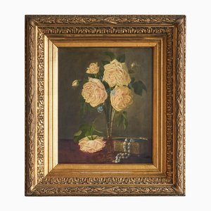 David Emile Joseph de Noter, Natura morta con rose, Olio su tavola, XIX secolo, Con cornice