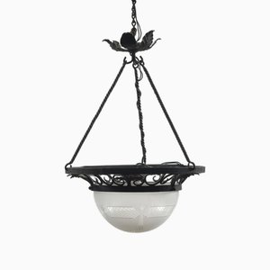 Art Nouveau Iron Pendant with Glass Hood