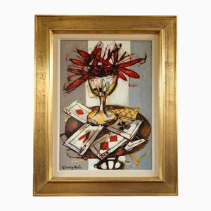 Red Blooms & Cards, Oil Painting, Framed
