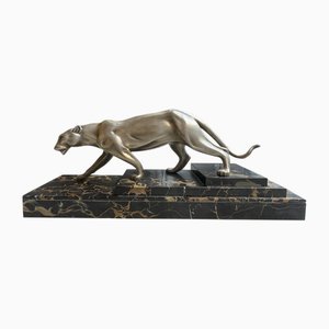 H.Moulins, Art Deco Panther, Silver-Plated Bronze on Marble Base