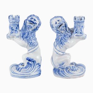 Early Faience Candleholders by Emile Gallé for Nancy, St Clement, Set of 2