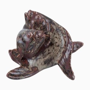 Ceramic Sculpture of Two Fish in Sung Glaze by Hugo Liisberg for Saxbo, Denmark