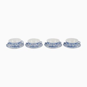 Large Blue Fluted Full Lace Tea Cups with Saucers from Royal Copenhagen, 1959, Set of 8