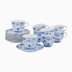 Blue Fluted Full Lace Coffee Cups with Saucers from Royal Copenhagen, 1960s, Set of 16