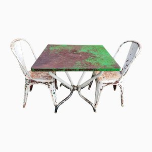 Juego de jardín francés vintage de mesa de hierro con sillas, años 50. Juego de 3