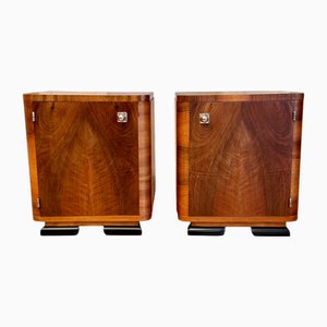 Art Deco Bauhaus Nightstands in Walnut Root Veneer and Ebonized Pedestal Legs, Central Europe, 1930s, Set of 2,