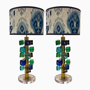 Lampes Cubes Murano Vert et Bleu, Set de 2