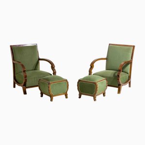 Art Deco Curved Lounge Chairs and Ottomans, Italy, 1930s, Set of 4