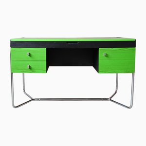Scrivania Bauhaus in legno verde e nero e metallo cromato, anni '80