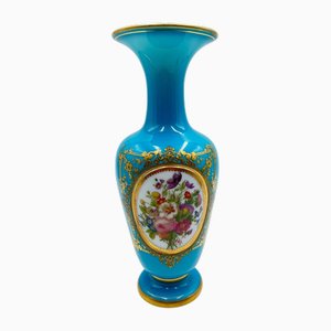 Baluster Vase in Turquoise Blue Opaline with Bouquet of Polychrome Flowers, 1890s