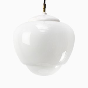 Vintage Industrial White Opaline Glass Pendant Light