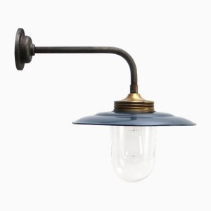 Vintage Industrial Brass and Glass Wall Light in Blue Grey Enamel