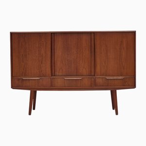 Danish Chest of Drawers in Teak Wood, Mirror Inside & Sliding Doors, 1960s