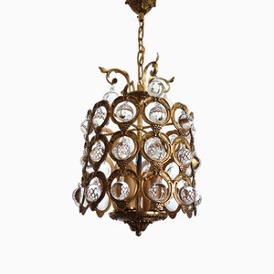 Lustre à 4 Lumières Antique en Laiton et Boule de Cristal, France, 1930s